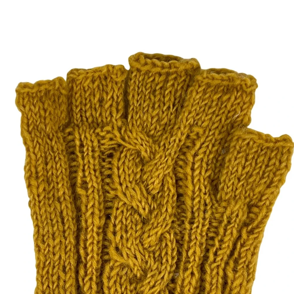 Handmade Wool Mustard‎ Yellow Cable Knit Fingerless Gloves Long Arm Warmers Boho